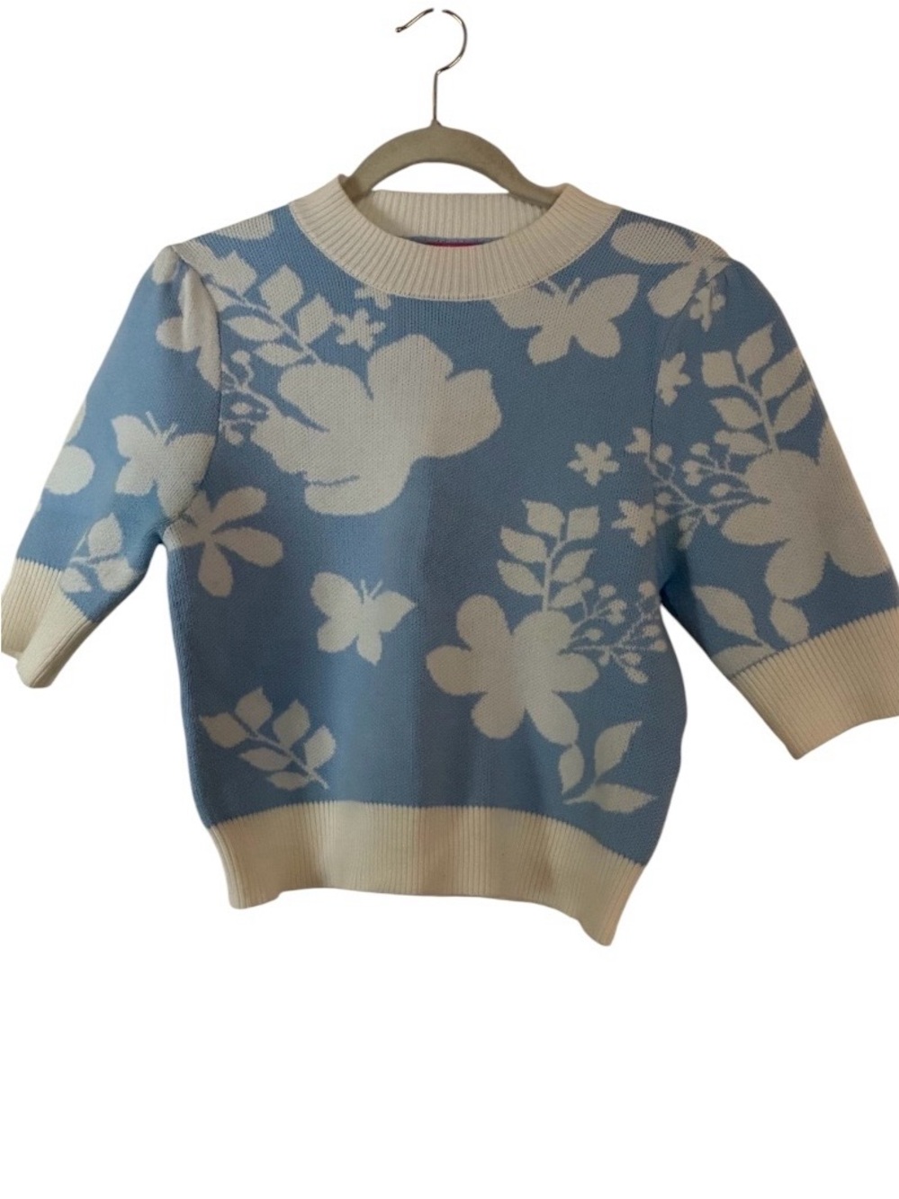 THML Blue and Cream Floral Short-Sleeve Crewneck Sweater Sz XS